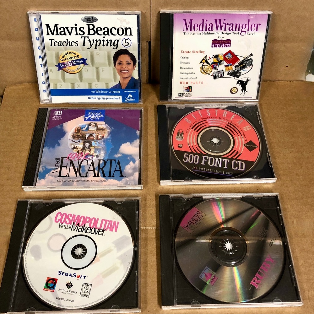 6 Vintage 1990s Software CDs, Multi Media, Fonts, Utilities, Education, Makeover